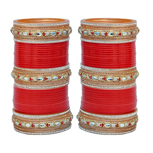 Tehzeeb Creations Bridal Bangle Set Red Golden & White Stone Chura Designer Fashion Choora Punjabi Chuda Set | Grab2Buy