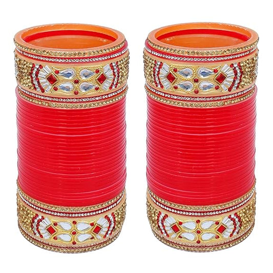 Tehzeeb Creations Bridal Bangle Set Designer Golden White & Red Stone Chuda Dulhan Wedding Choora Fashion Chura For Women | Grab2Buy