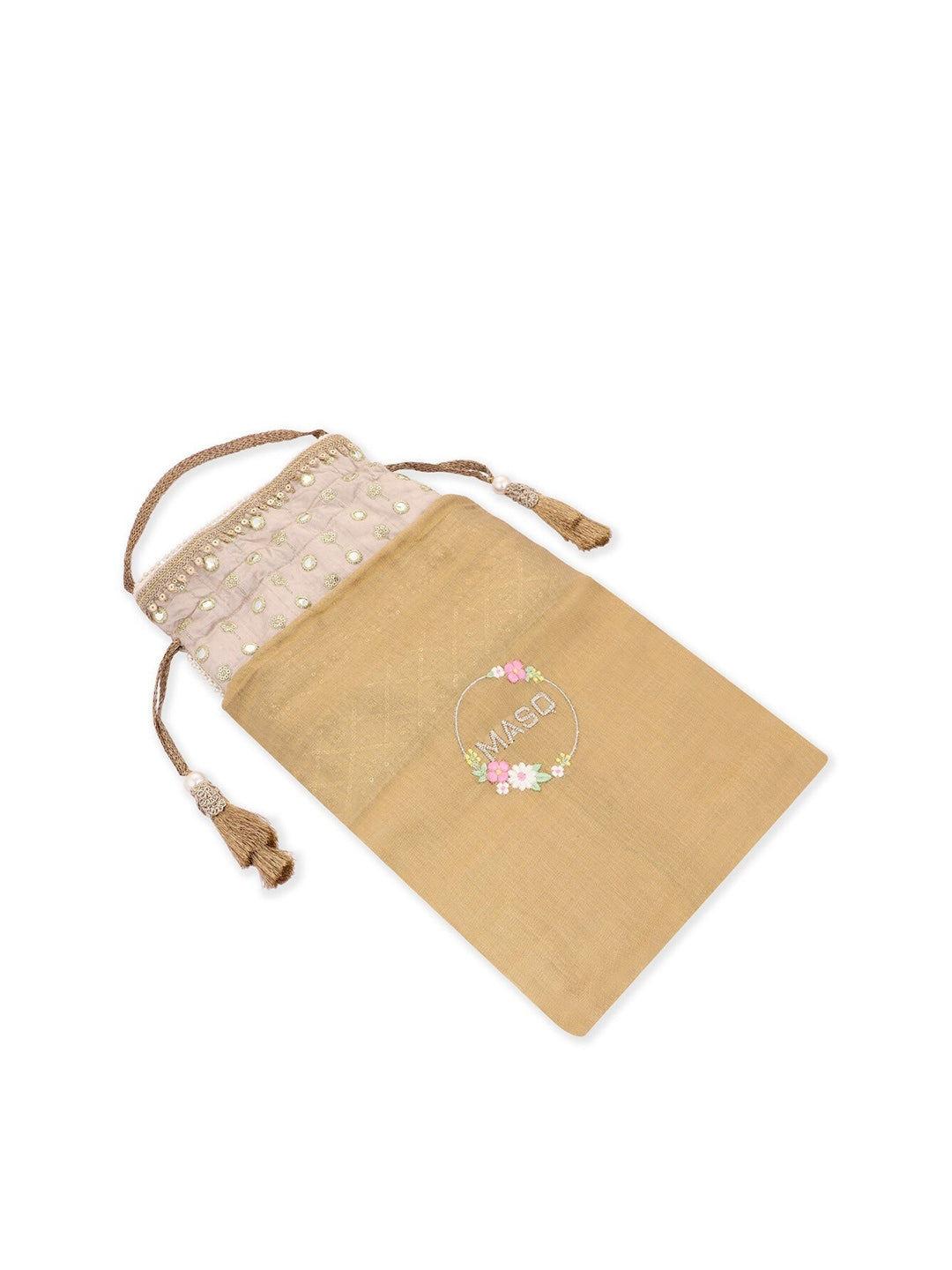Masq Peach-Coloured & Grey Embroidered Potli Clutch - Grab2buy