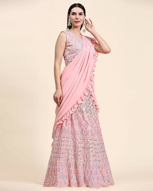 Pink Pure Viscose Georgette Thread With Sequins Embroidery Work Lehenga Choli With Dupatta - Tanya