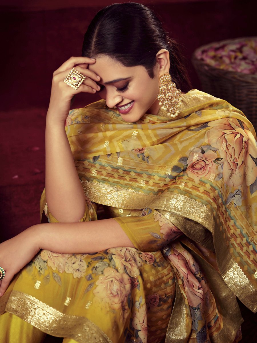 Aastha Fashion Women's Mustard Organza Jacquard Woven Kurta with Trouser & Dupatta - Grab2buy