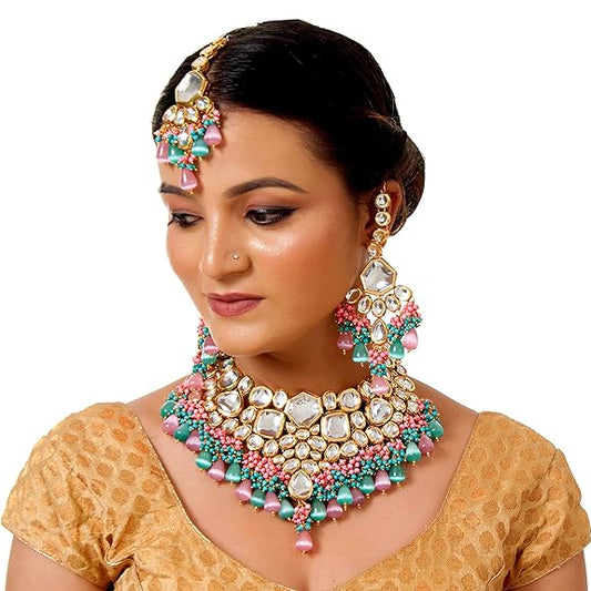 Tehzeeb Creations Meenakari Gold-Polished Multi Color Uncut dibbi Kundan Combo Necklace Set For Women | Grab2Buy