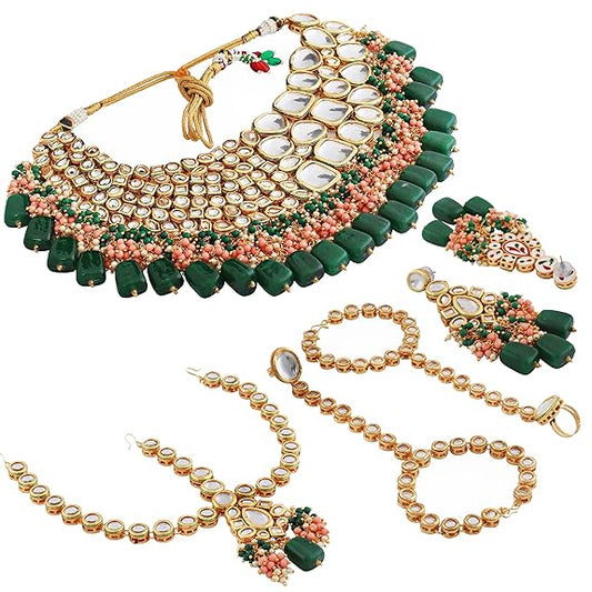 Tehzeeb Creations Gold-Polished Multicolor Kundan Stone/Uncut Kundan/Dibbi Kundan/Meena Kundan/Lucknow Kundan Bridal Set for Girls & Women | Grab2Buy