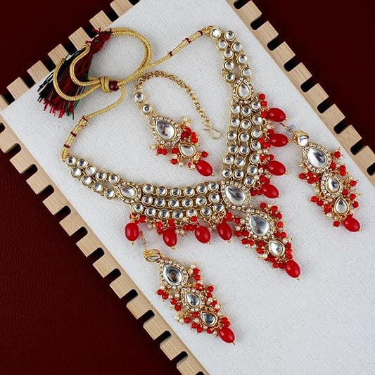 Tehzeeb Creations Gold-Polished White Red Color Tika Earring Necklace Combo Kundan Jewellery Set | Grab2Buy