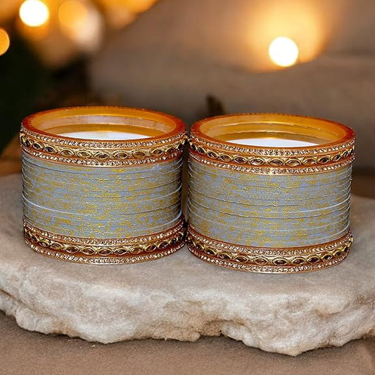 Tehzeeb Creations Bridal Bangle set Wedding Punjabi chuda Designer chura CZ Stone with Kundan Stone Grey Color choora | Grab2Buy