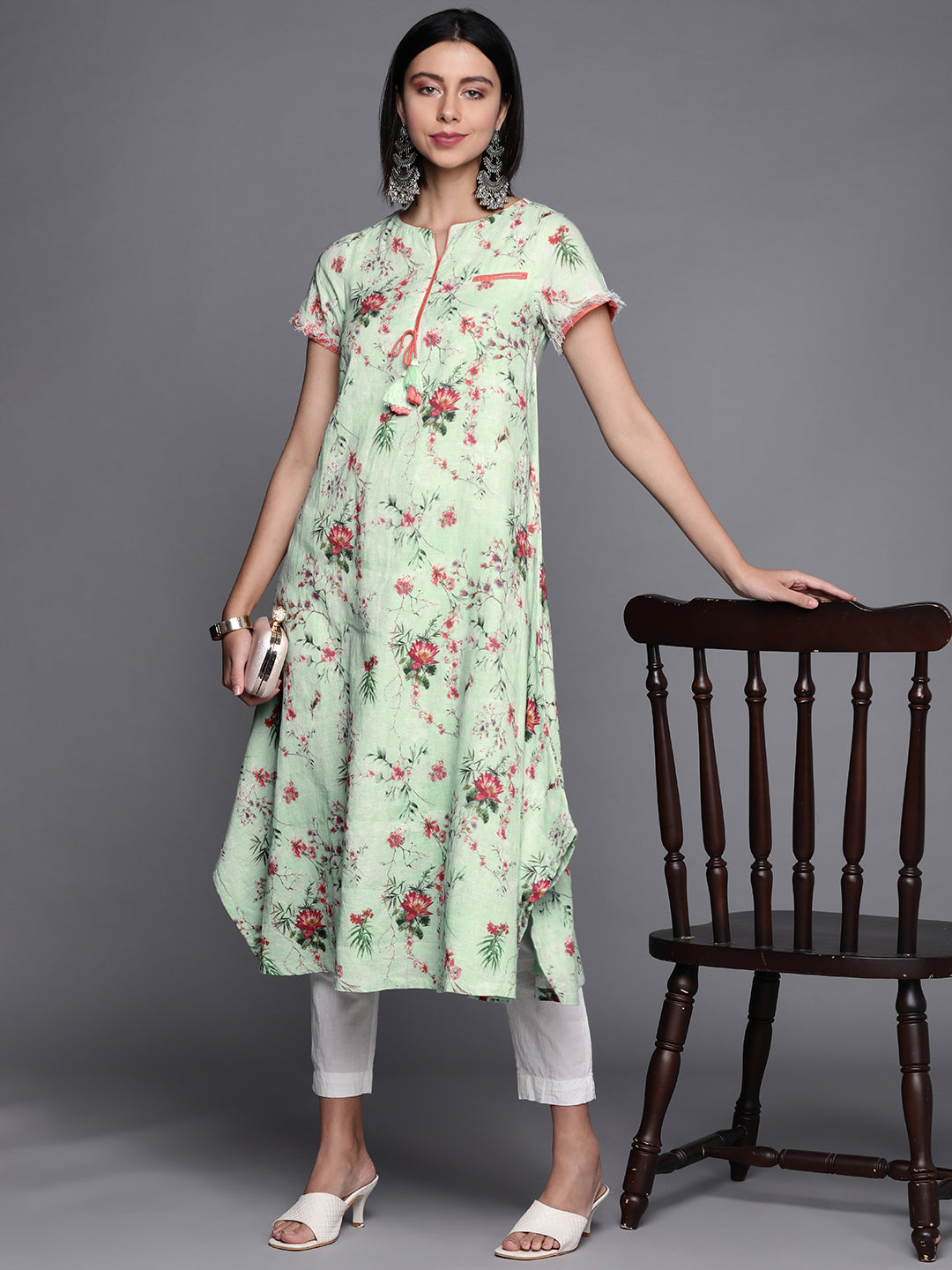 Biba Women Green & Pink Floral Printed Kurta - Grab2buy