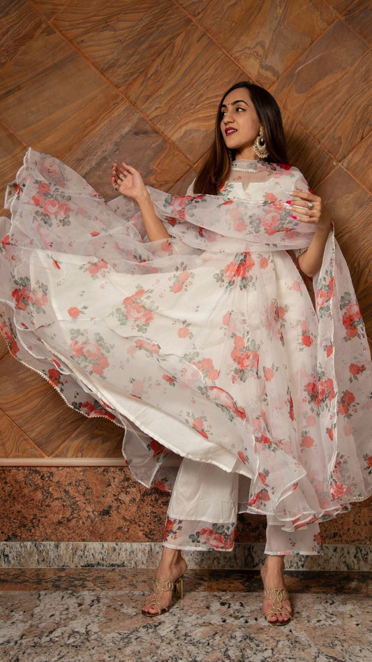 Pomcha Jaipur Red And White Floral Organza Anarkali Set