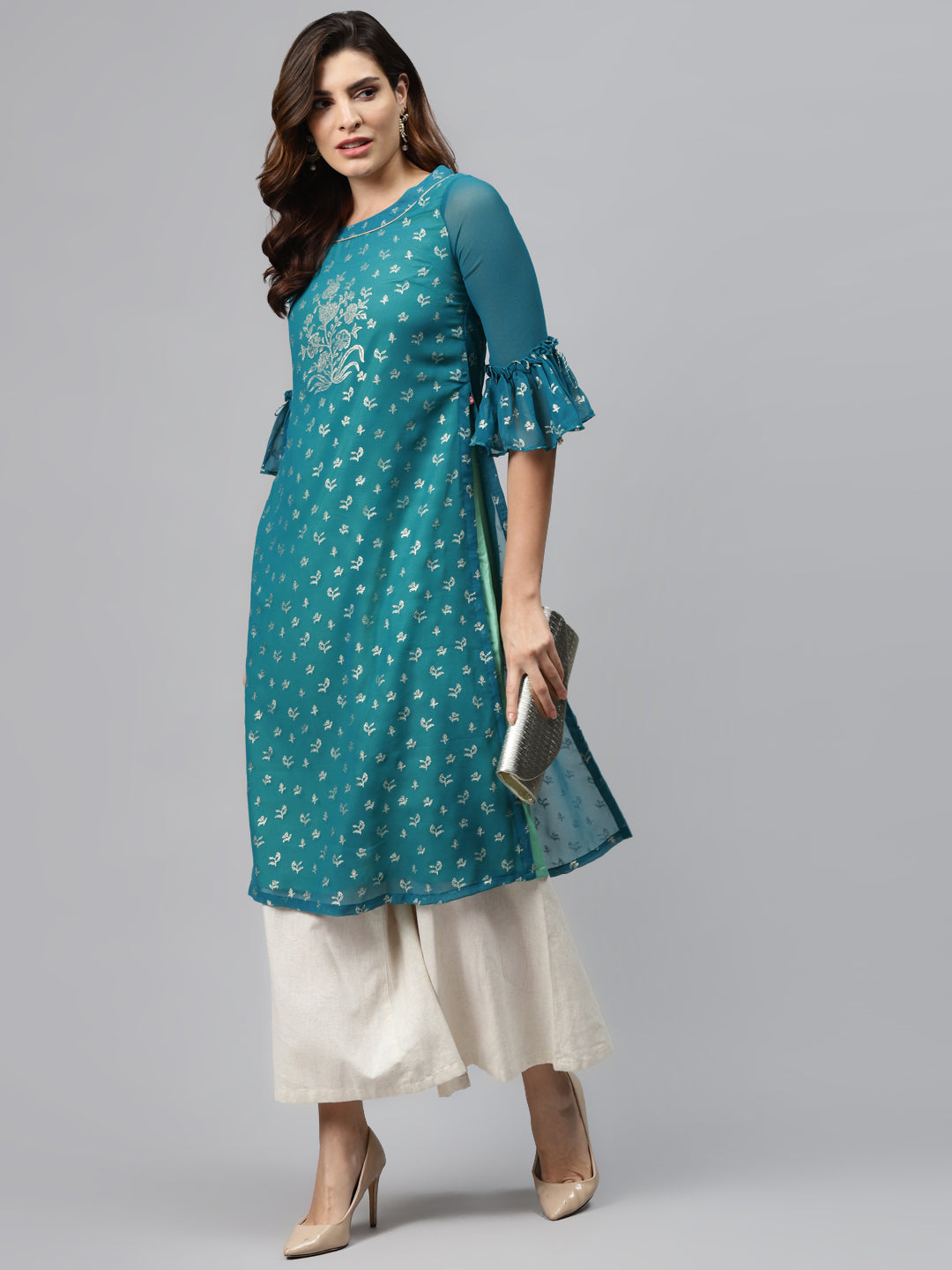 Biba Women Teal Blue & Golden Printed Straight Layered Kurta - Grab2buy