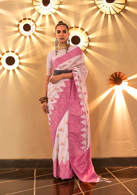 Monjolika Fashion White Color Handloom Silk Classic Saree With Blouse