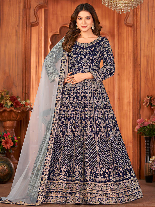 Myra Navy Blue Velvet Embroidered Anarkali Suit