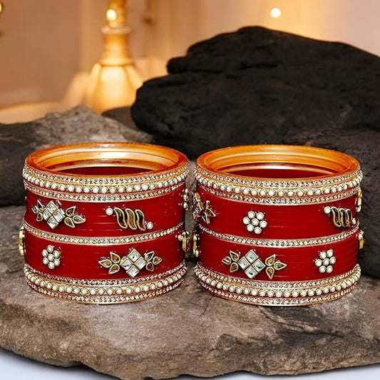 Tehzeeb Creations Bridal Bangle set Wedding punjabi chuda Designer chura Kundan Stone with Pearl Maroon Color choora | Grab2Buy