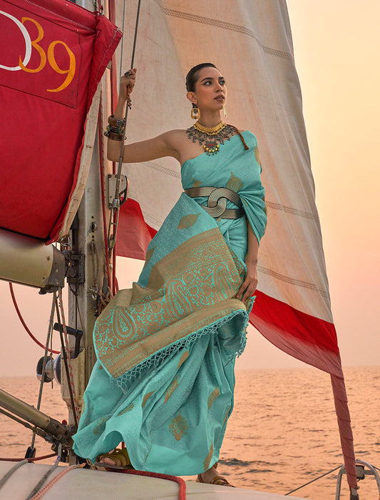 Monjolika Fashion Sky Blue Color Satin Pastel Handloom Weaving Saree