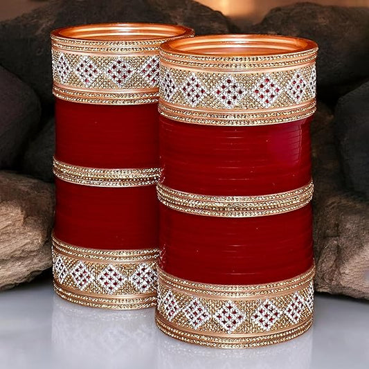Tehzeeb Creations Bridal Bangle Set Wedding Punjabi Chuda Designer Chura CZ Stone Maroon Color Choora For Women | Grab2Buy