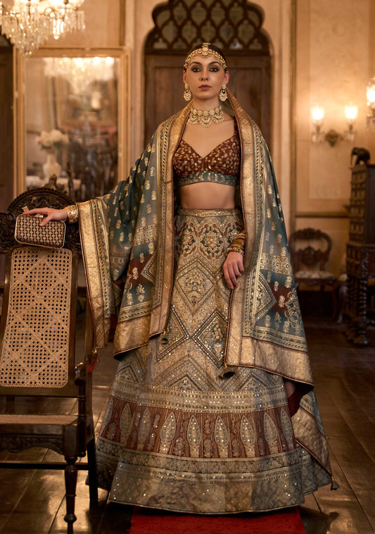Monjolika Fashion Sequins Beige Colour Rajwadi Silk Readymade Lehenga Choli