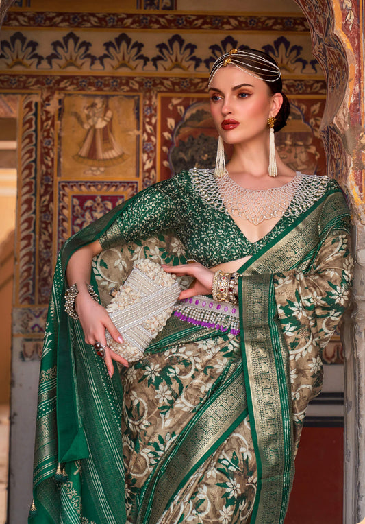 Monjolika Fashion Dark Green Color Silk Ajarak Design Traditional Saree