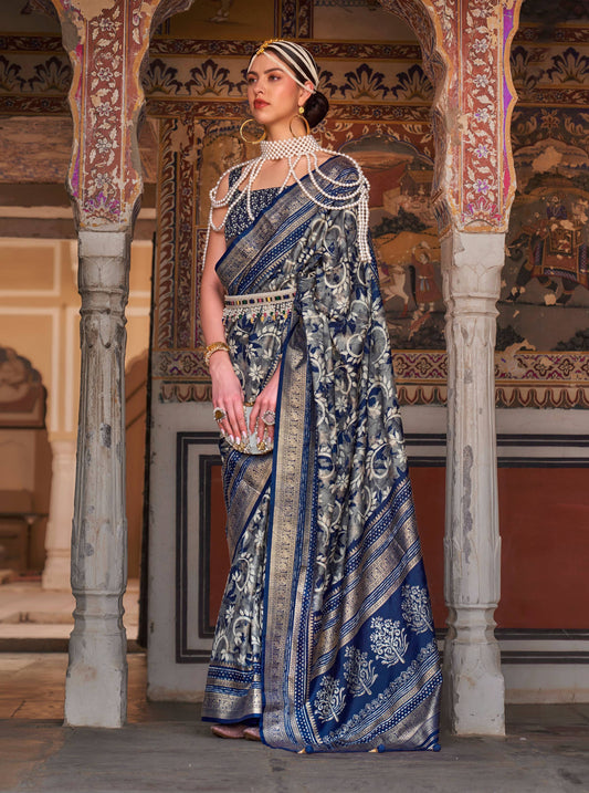 Monjolika Fashion Navy Blue Color Silk Ajarak Design Traditional Saree