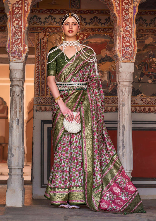 Monjolika Fashion Multicolor Silk Ajarak Design Traditional Saree