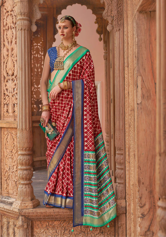 Monjolika Fashion Red Color Patola Silk Weaving Work Saree With Blouse