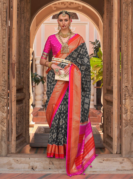 Monjolika Fashion Dark Grey Color Patola Silk Weaving Work Saree With Blouse