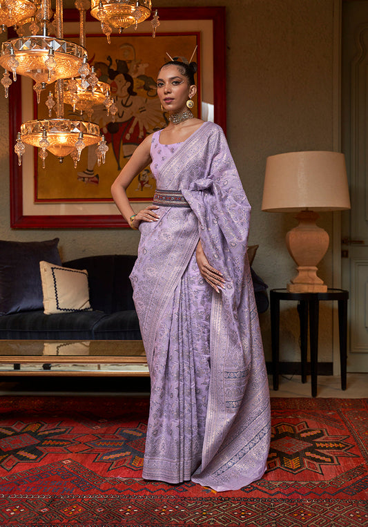 Monjolika Fashion Lavender Color Silk Weaving Work Traditonal Saree