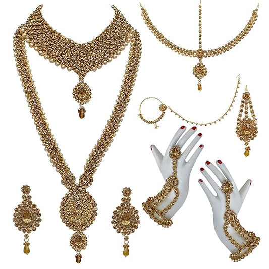 Tehzeeb Creations Bridal Dulhan Designer Gold-Polished Gold Color Pearl Stone Set 9 pcs. for Women & Girls | Grab2Buy