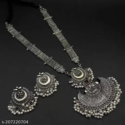 Tehzeeb Creations Women's Bahubali Oxidised Necklace Set With White Pearl | Grab2Buy