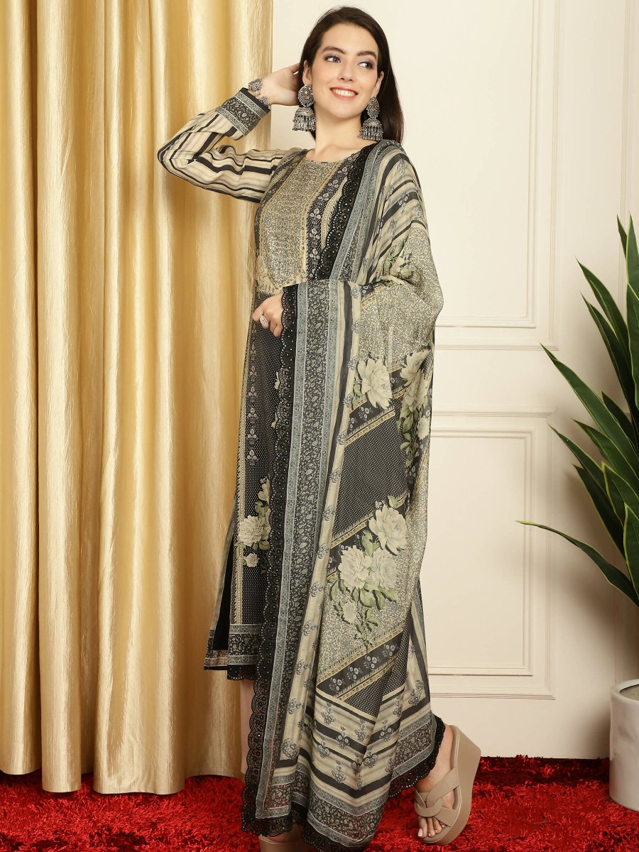 Aastha Fashion Women's Black Pashmina Digital Printed with Embroidered Lace work Kurta with Trouser & Dupatta - Grab2buy