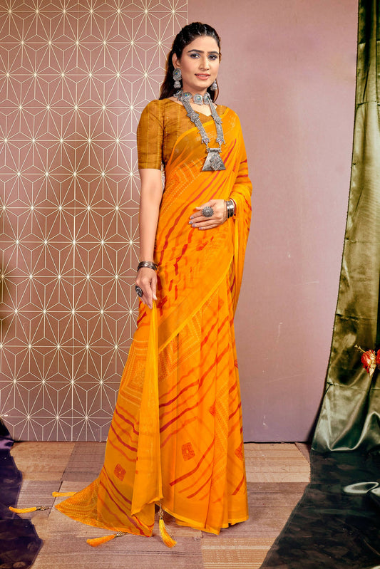 Mustard Chiffon Leheriya Printed Saree With Unstitched Blouse Piece - Shanaya