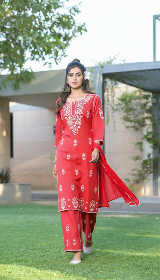 BulBul Akshyani Rust Rayon Kurta Set with Dupatta