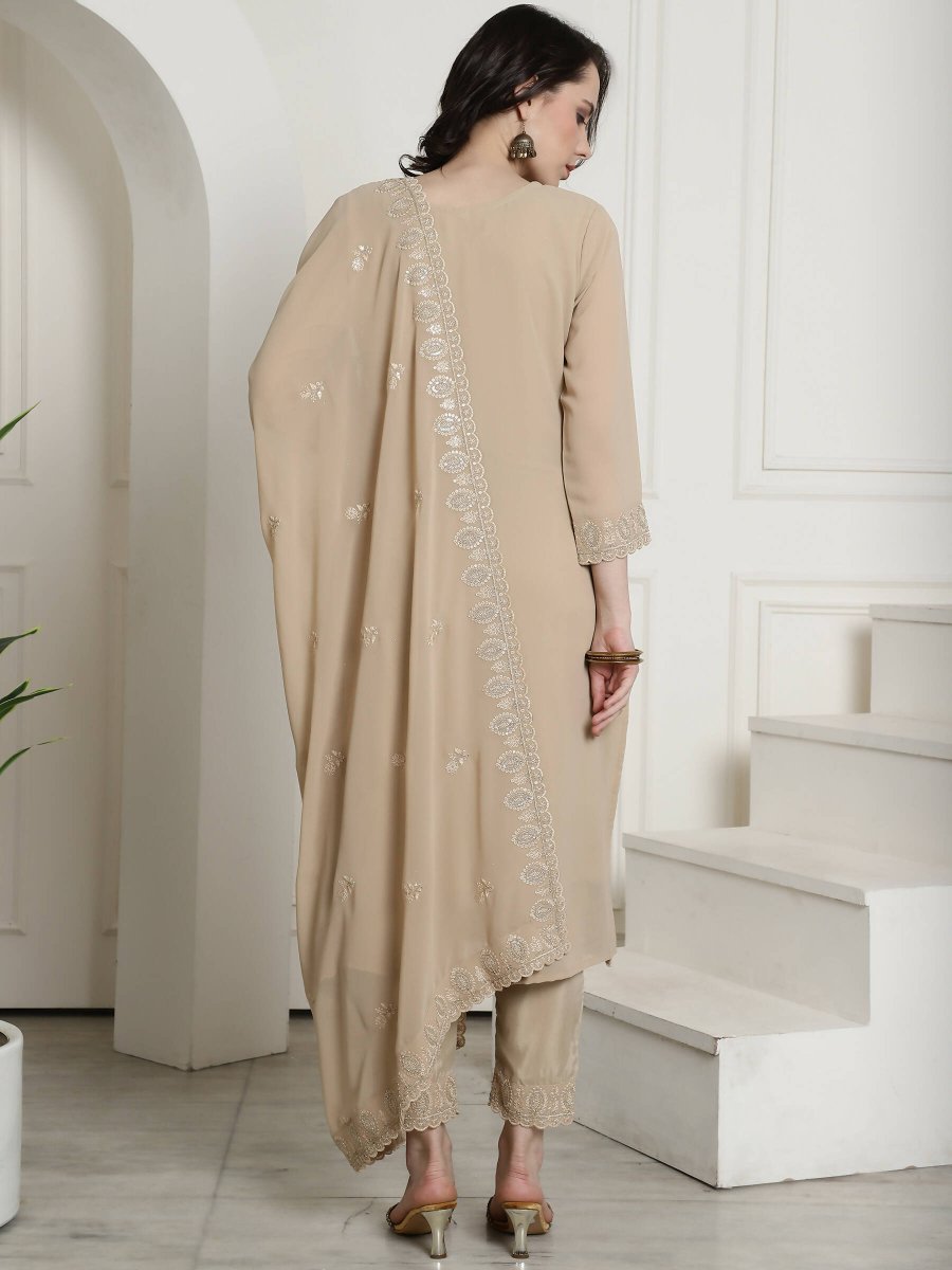 Aastha Fashion Women's Beige Georgette Floral Resham Thread with Cording & Crystal work Kurta with Trouser & Dupatta - Grab2buy
