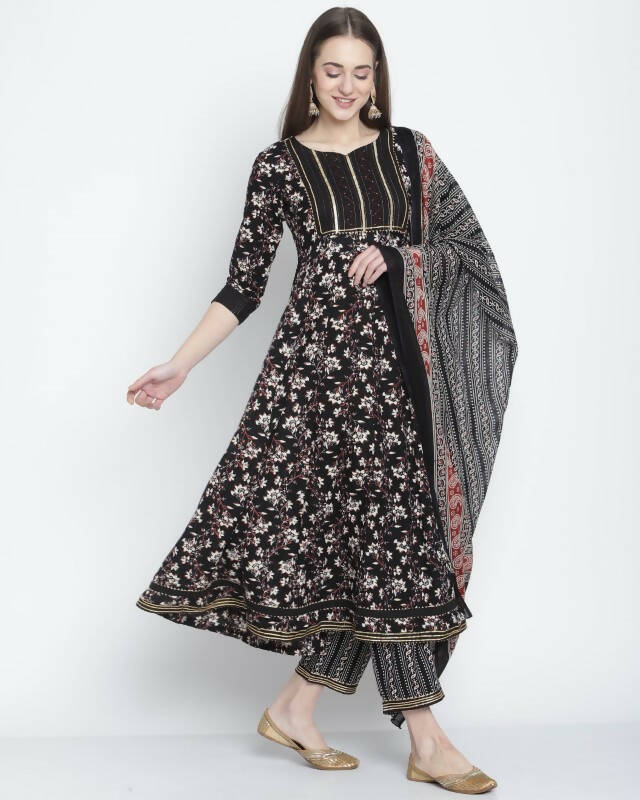 Aastha Fashion Women's Black Cotton Jaipuri Printed Kurta with Trouser & Dupatta - Grab2buy