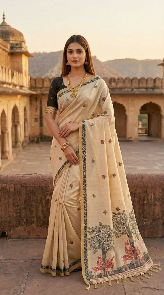 Vastranavya Cream Muga Cotton Meenakari & Azarakh Pallu Grab2Buy with Contrast Blouse Grab2Buy Vastranavya Grab2Buy