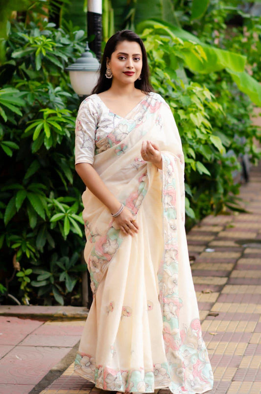 Offwhite Pure Linen Ethnic Motifs Saree with Unstitched Blouse - A2M