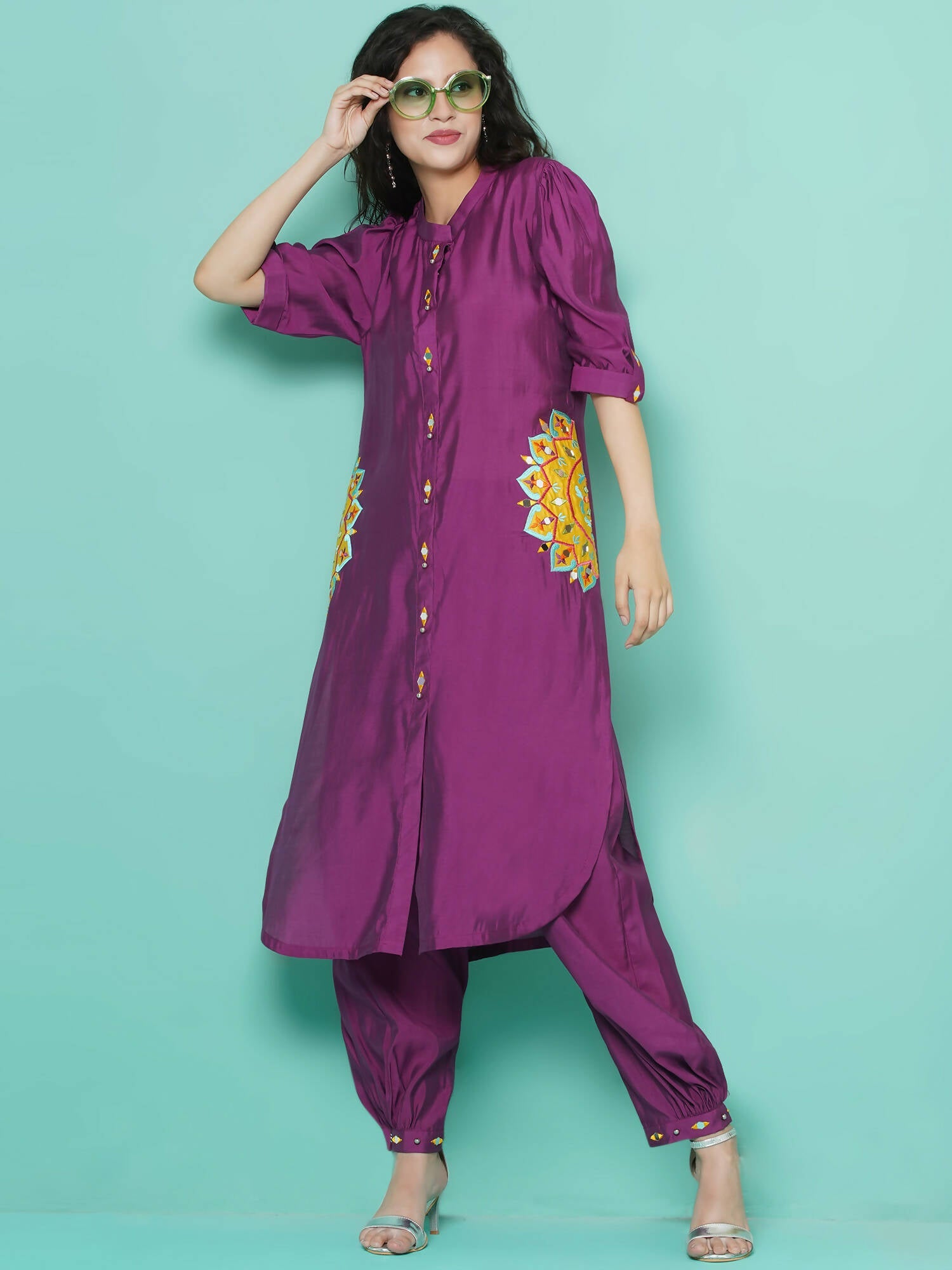 Women Republic Purple Art Silk Embroidered Kurta with Afghani Salwar - Grab2buy