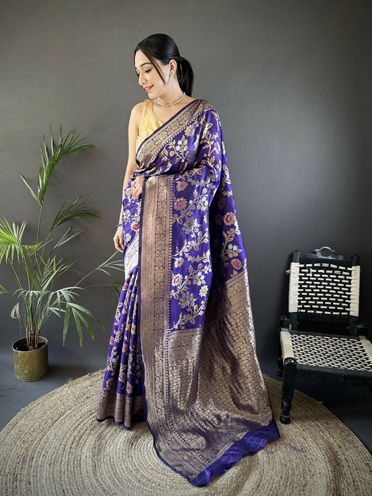 Joban Fashion Violet Floral & Ethnic Motifs Design Soft Silk Meenakari Banarasi Saree