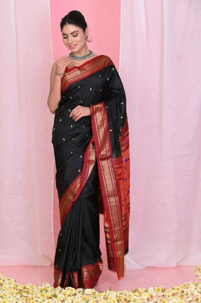 Very Much Indian Traditional Black Pure Silk Paithani With Red Border & Double Pallu - Grab2buy