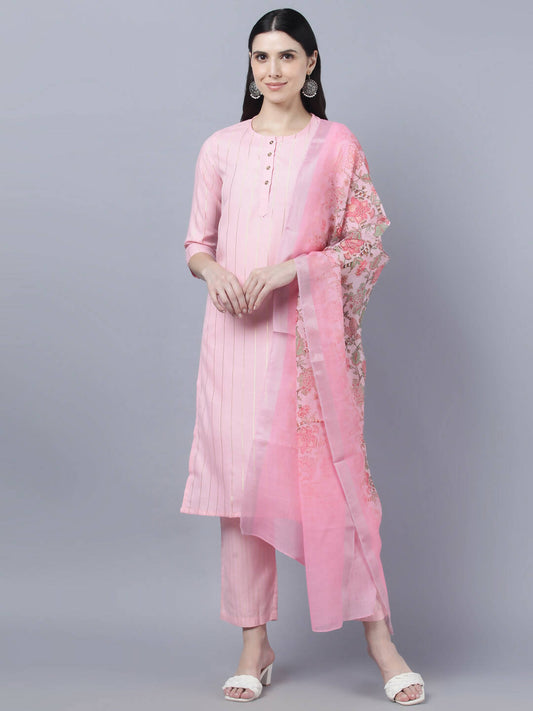 Myshka Women Pink Panelled Pure Cotton Kurta with Trousers With Dupatta Set