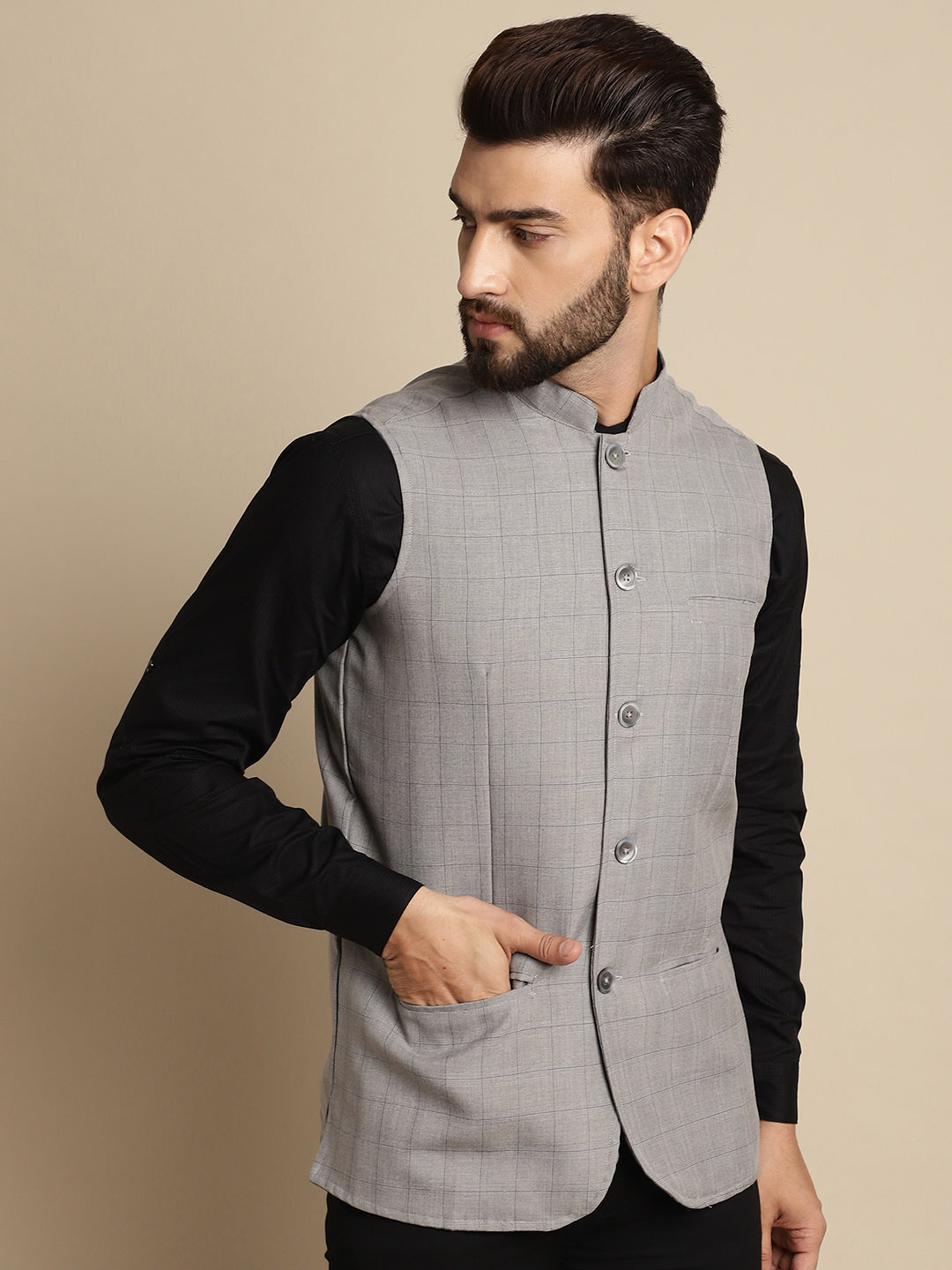 Even Apparels Men's Grey Mandarin Collar Waistcoat - Grab2buy