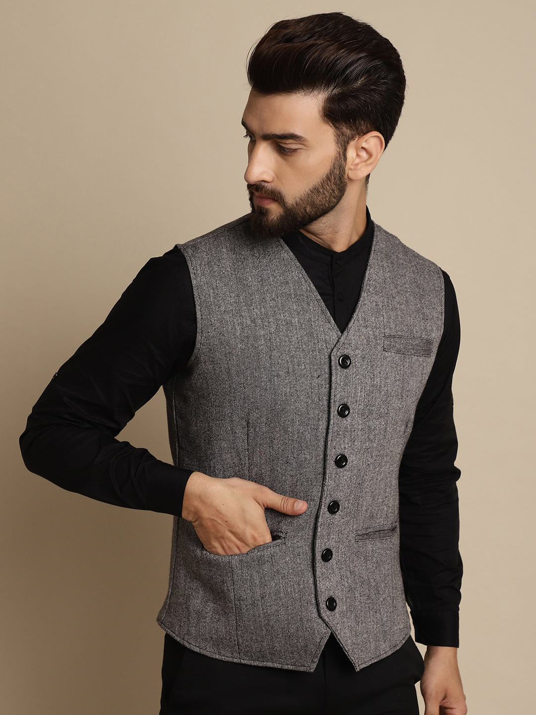 Even Apparels Men's Black Woolen Waistcoat with welt pockets - Grab2buy