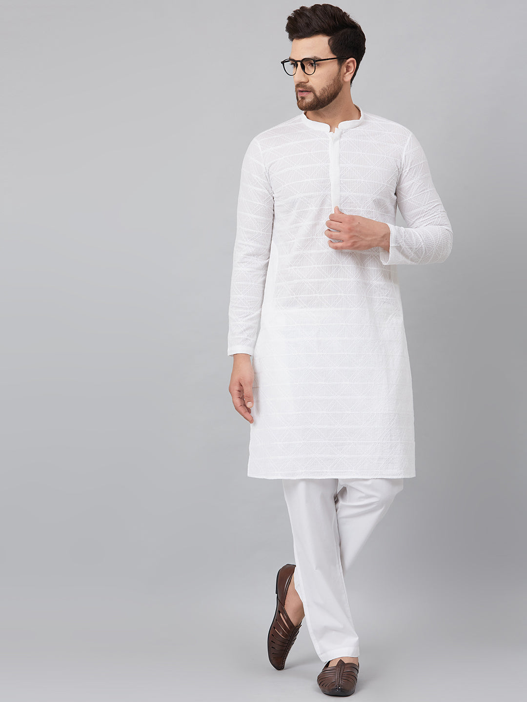 NOZ2TOZ Men White Green Chikankari Embroidered Woven Design Straight Kurta - Grab2buy