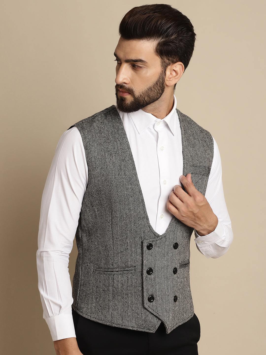 Even Apparels Men's Grey Woolen Double Breast Waistcoat - Grab2buy