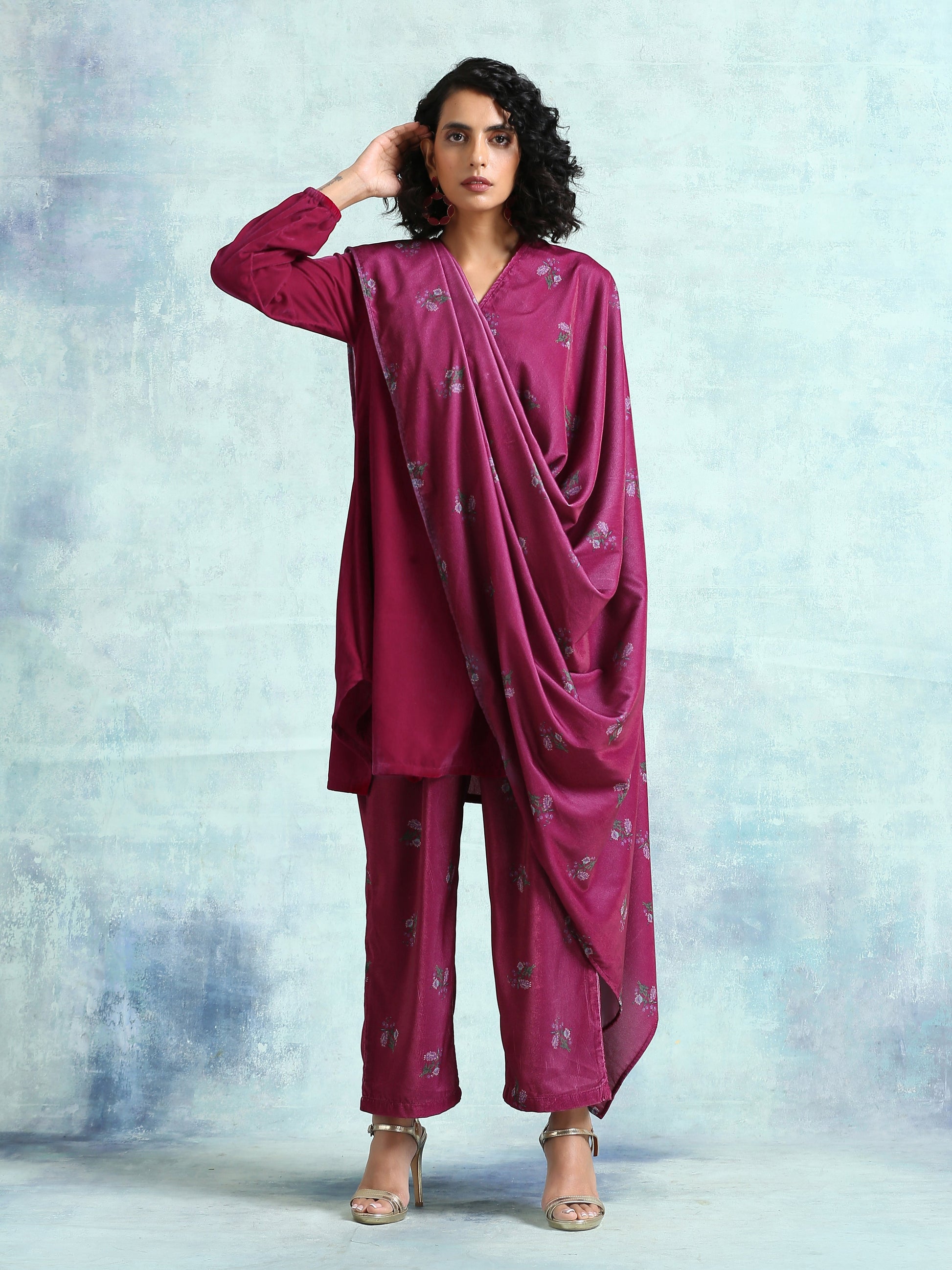 trueBrowns Magenta Printed Velvet Shawl - Grab2buy