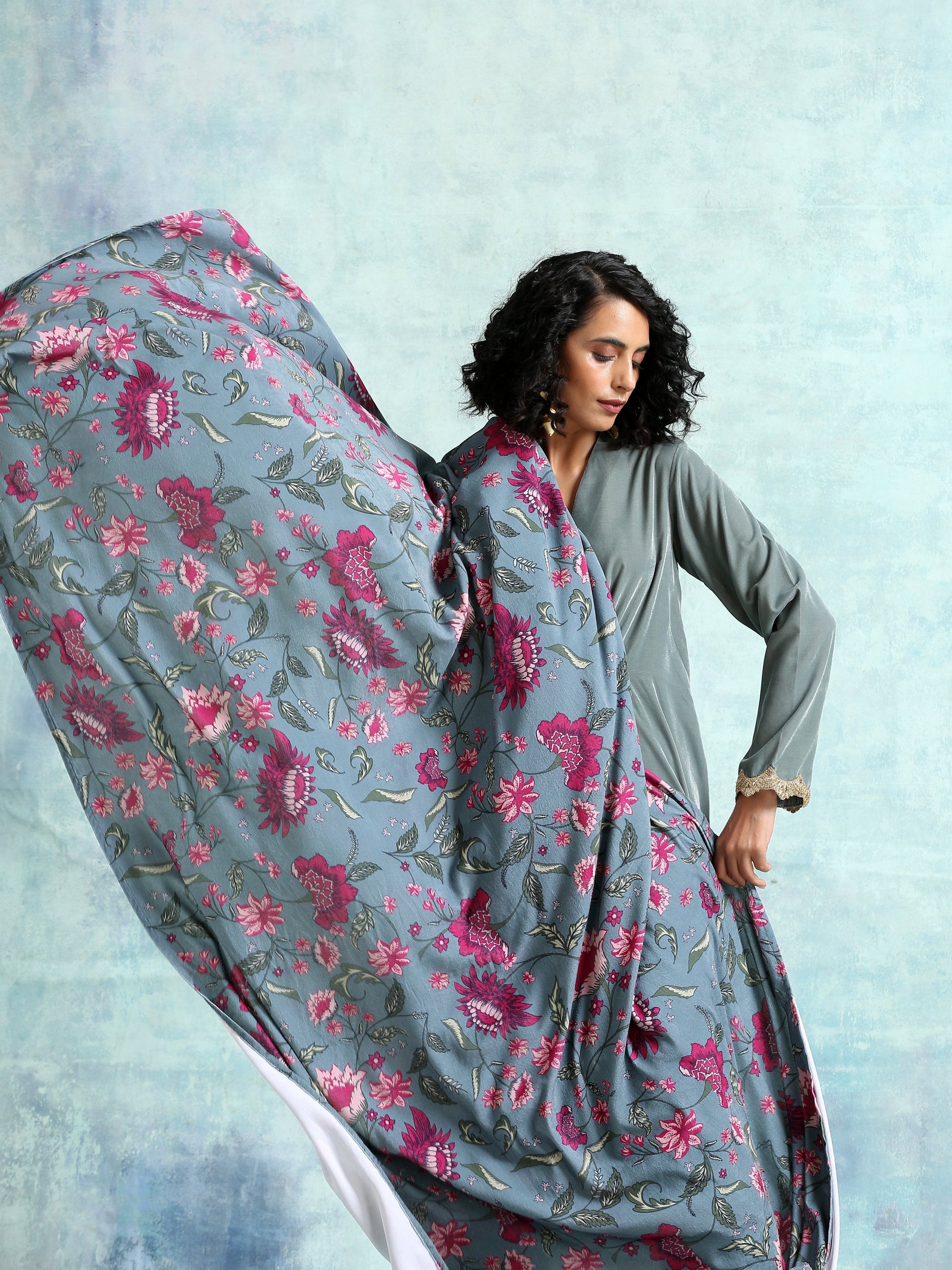 trueBrowns Grey Printed Velvet Shawl - Grab2buy