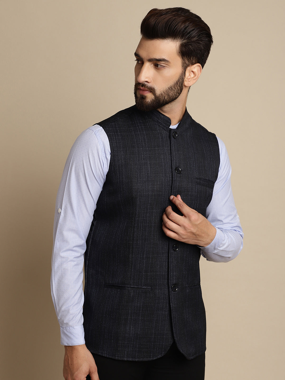 Even Apparels Men's Blue Mandarin Collar Waistcoat - Grab2buy