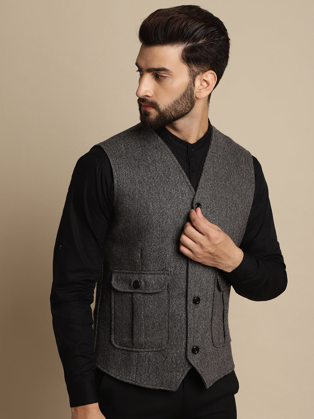 Even Apparels Men's Grey Woolen Waistcoat With Patch Pocket - Grab2buy