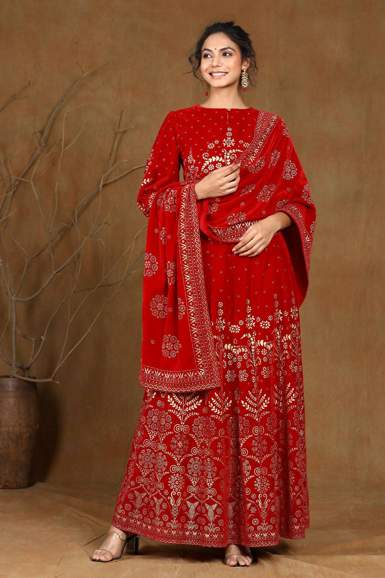 Juniper Women Maroon Velvet Printed Flared Lehenga Choli Sets - Grab2buy