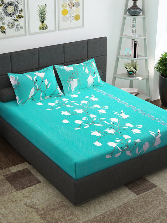 Story@home Sea Green & White Floral 152 TC Cotton 1 Queen Bedsheet with 2 Pillow Covers | Grab2Buy