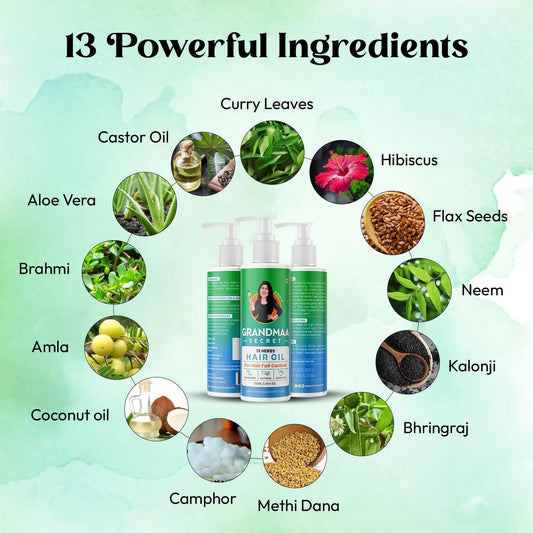 Nidhi's Grandmaa Secret 13 Herbs Hair Oil Handmade Natural Hair Oil With Coconut Oil, Curry Leaves & More Hair Fall Control Oil For Dry Damaged Hair Grab2Buy Nidhi's Grandmaa Secret Grab2Buy
