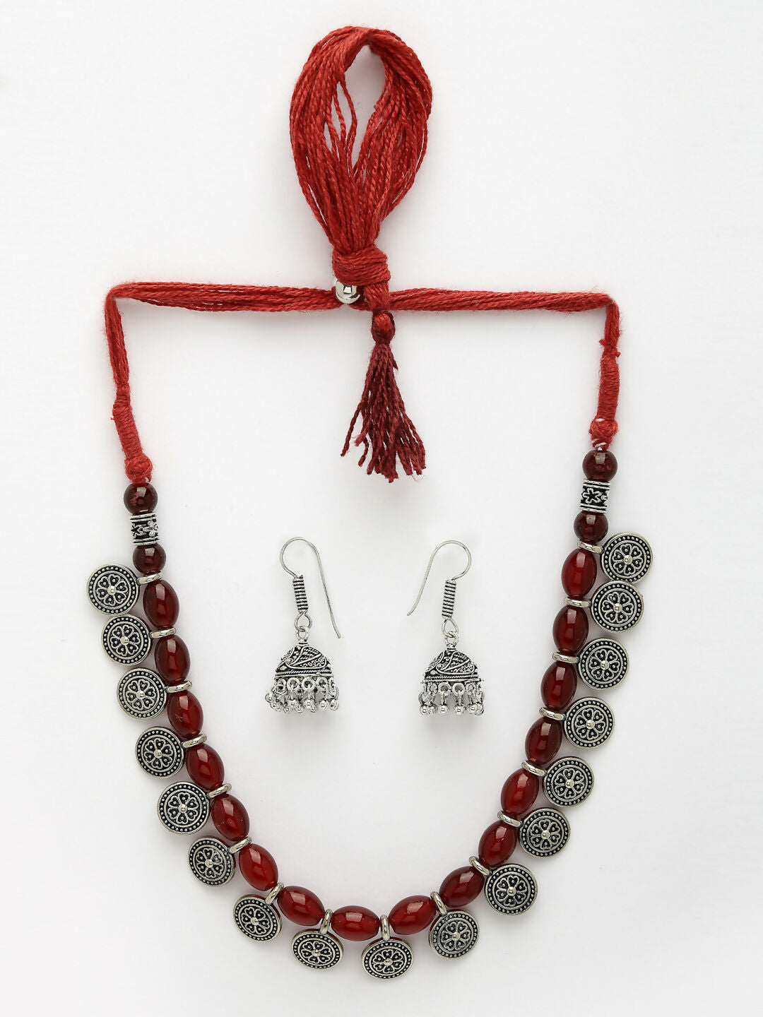 NVR Women's Red Silver-Plated Choke Oxidized Necklace with Jhumka Earrings - Grab2buy