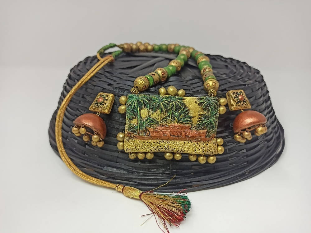 Terracotta Kerala Style Mansion Boat Pendant Long Necklace Set With Temple Earrings